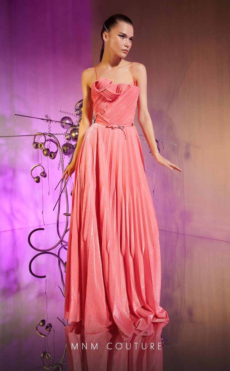 MNM Couture E0045 Strapless Metallic Pink Plissé Gown with Draped Corset