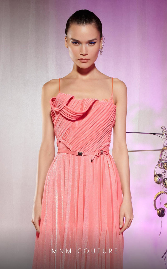MNM Couture E0045 Strapless Metallic Pink Plissé Gown with Draped Corset