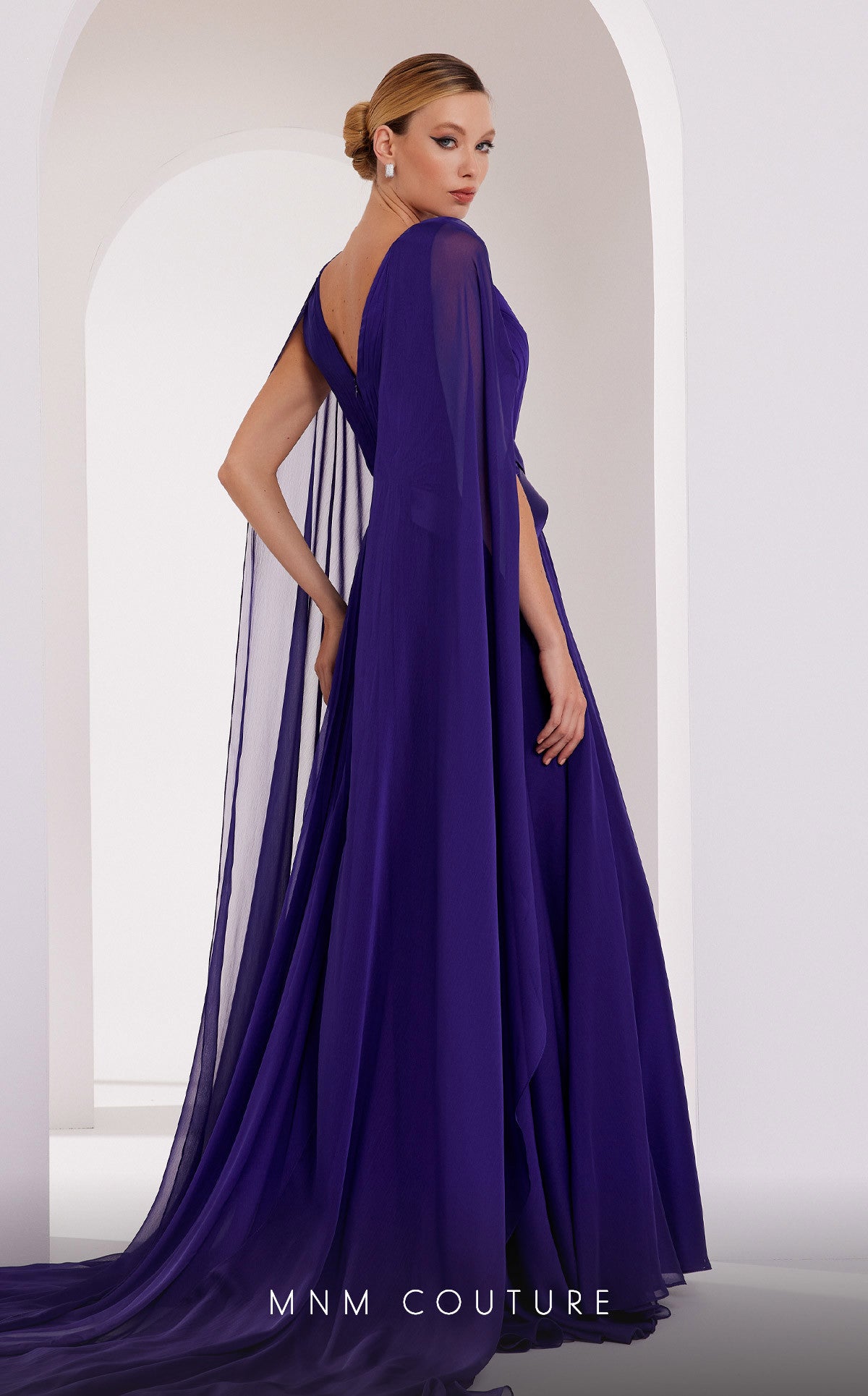 MNM Couture E0061 Coral Pleated Evening Gown with Cape Sleeves