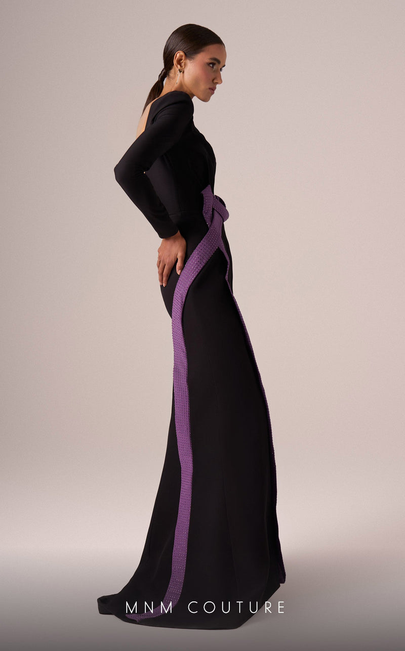 MNM Couture E0067 Asymmetrical Gown in Black/Purple