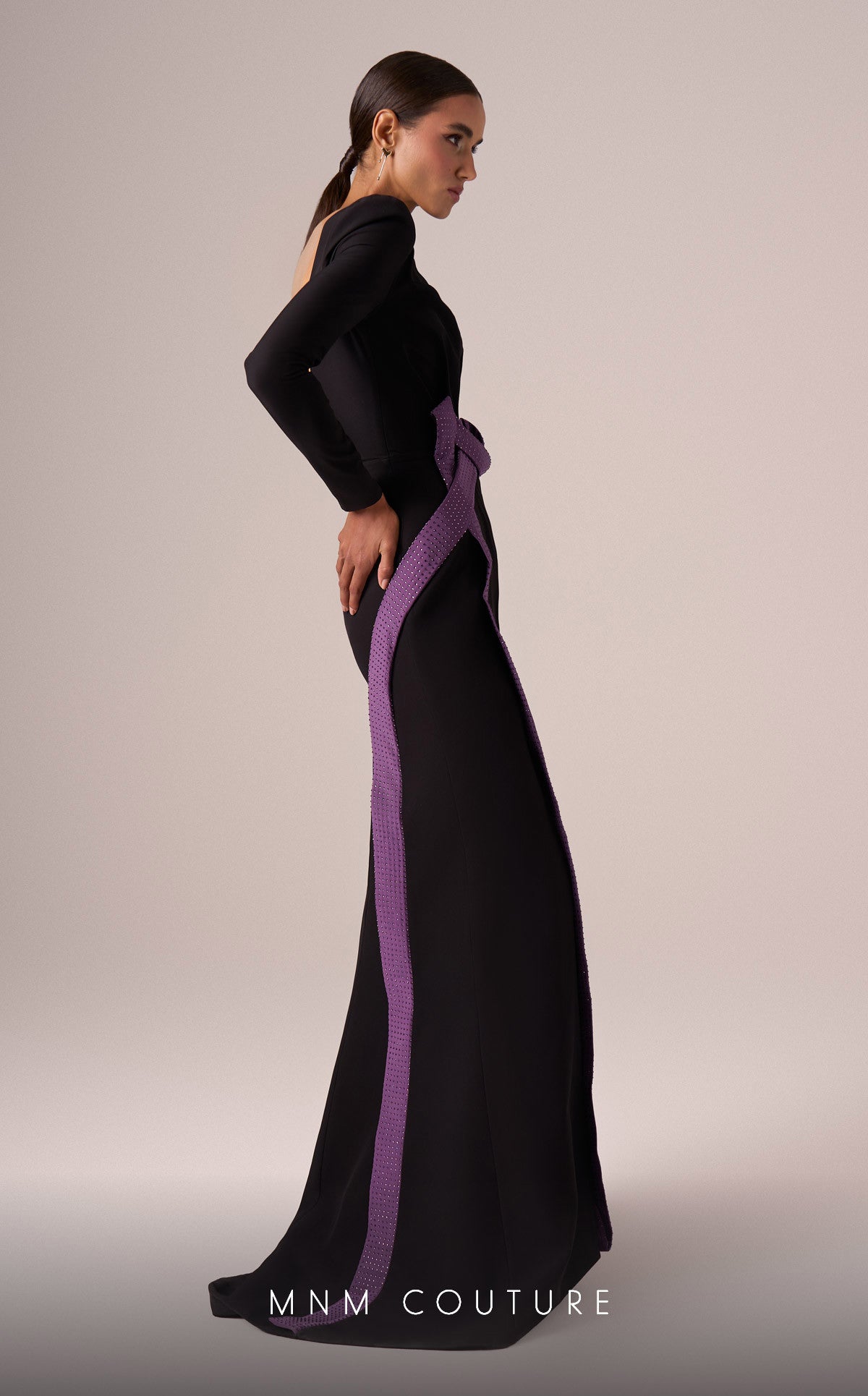 MNM Couture E0067 Asymmetrical Gown in Black/Purple