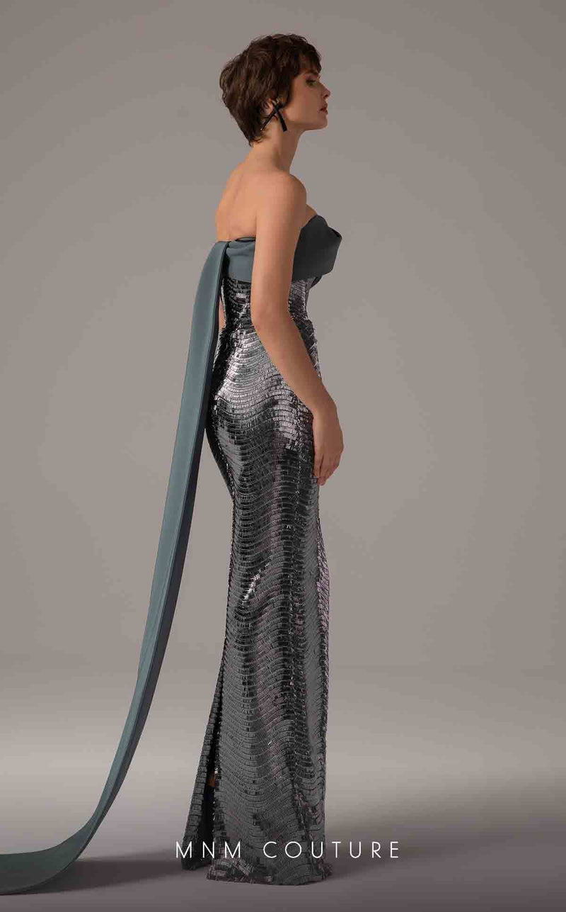 MNM Couture E0087 Silver Off-Shoulder Gown