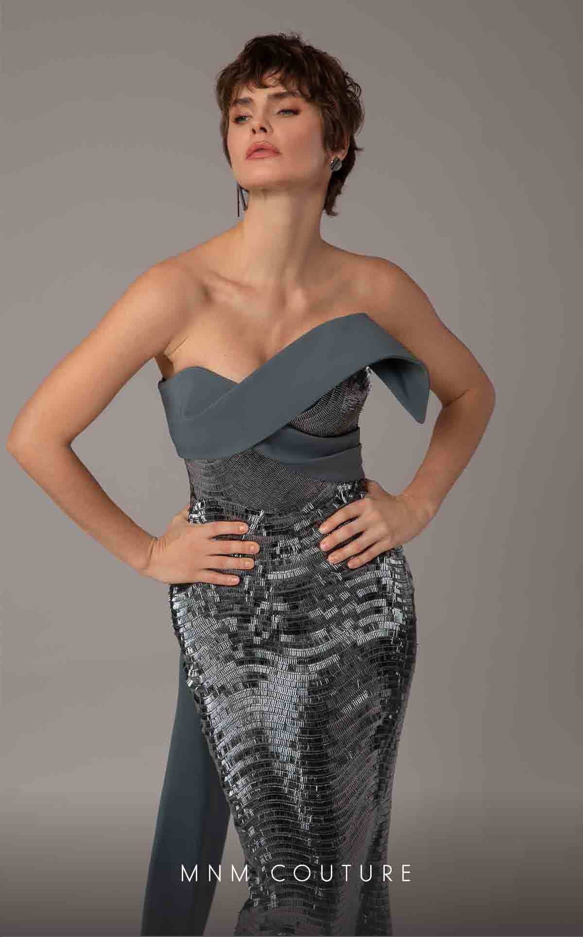 MNM Couture E0087 Silver Off-Shoulder Gown
