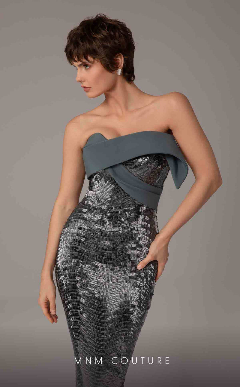 MNM Couture E0087 Silver Off-Shoulder Gown