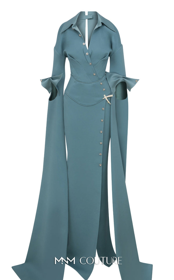 MNM Couture E0094 Cherry A-Line Gown with Cape & Slit