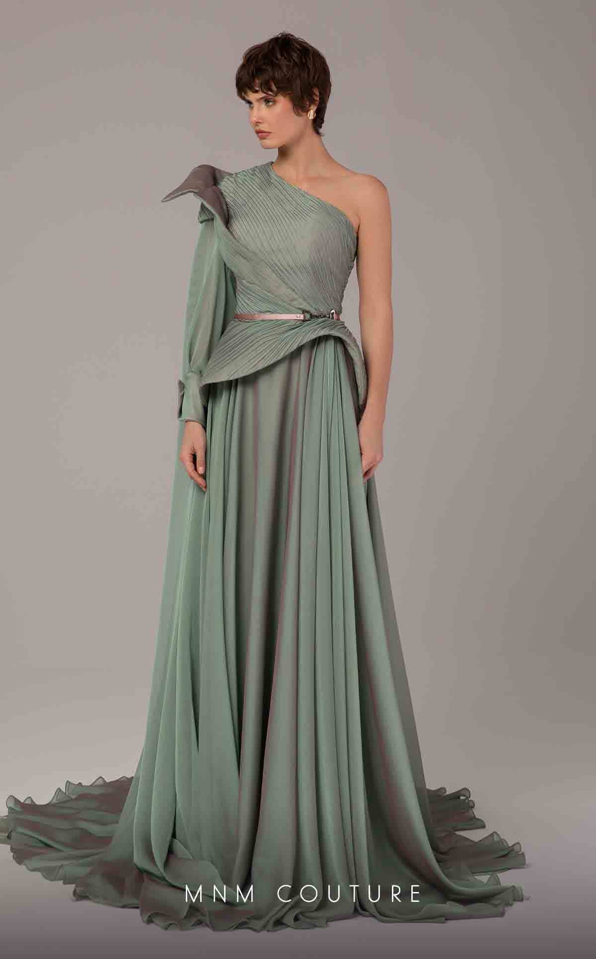 MNM Couture E0097 Green One-Shoulder Long Evening Gown