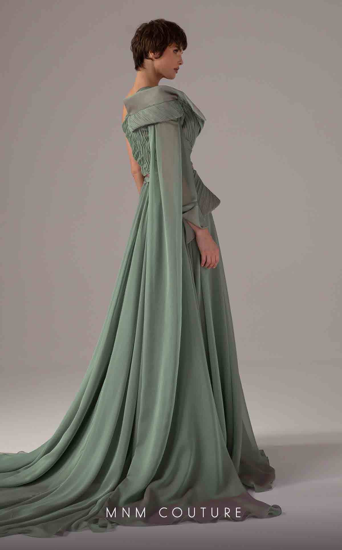 MNM Couture E0097 Green One-Shoulder Long Evening Gown