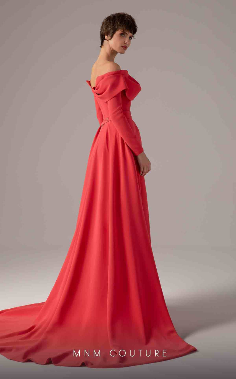 MNM Couture E0099 Coral Off-Shoulder Long Sleeve Gown