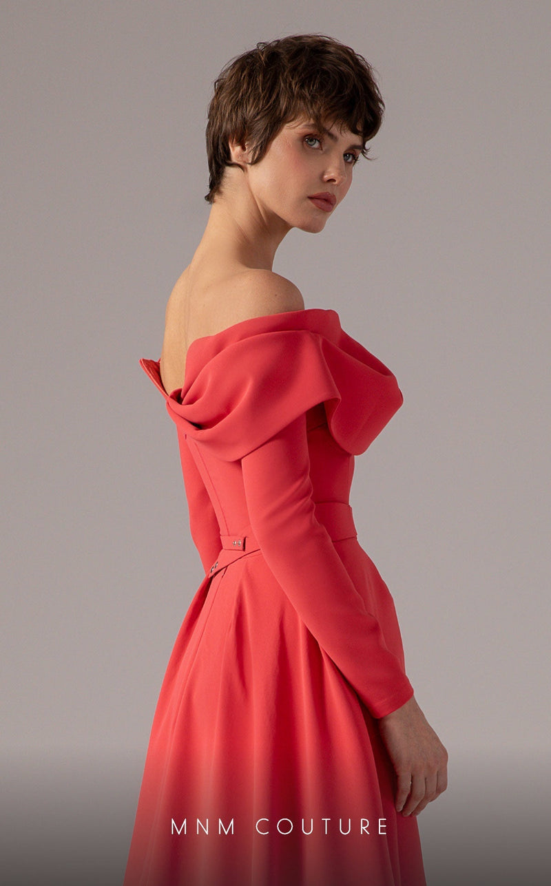 MNM Couture E0099 Coral Off-Shoulder Long Sleeve Gown