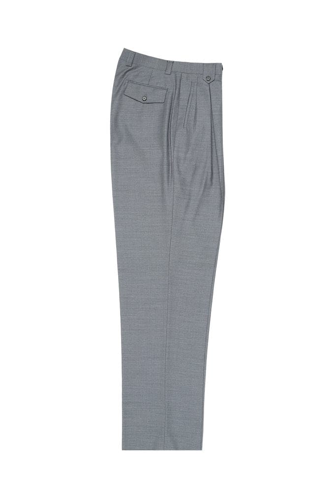 Tiglio Luxe light gray wool wide-leg pants. Straight silhouette with front pleats, buttoned back pocket, and a smooth texture. Made from 100% pure wool.