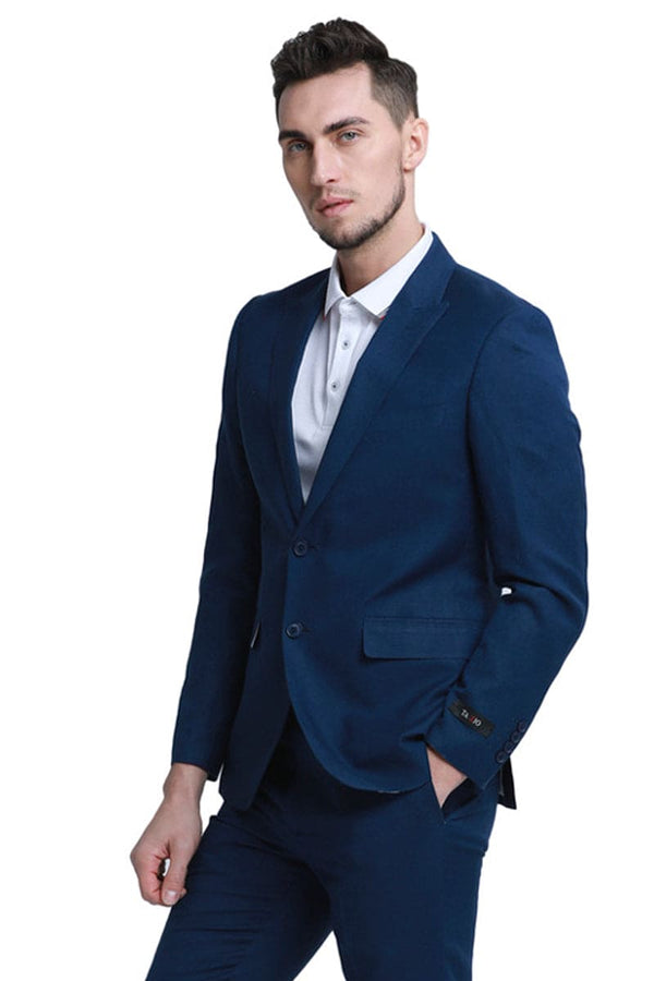 "Navy Men's Summer Linen Wedding Suit with Two Button Peak Lapel"