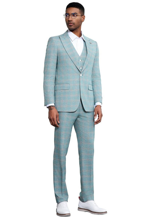Men's Stacy Adams light turquoise/green plaid suit: peak lapel blazer, 3-button vest, flat-front trousers. Features a subtle pink line plaid, fitted silhouette. Includes a white shirt underneath. Perfect for prom or weddings.