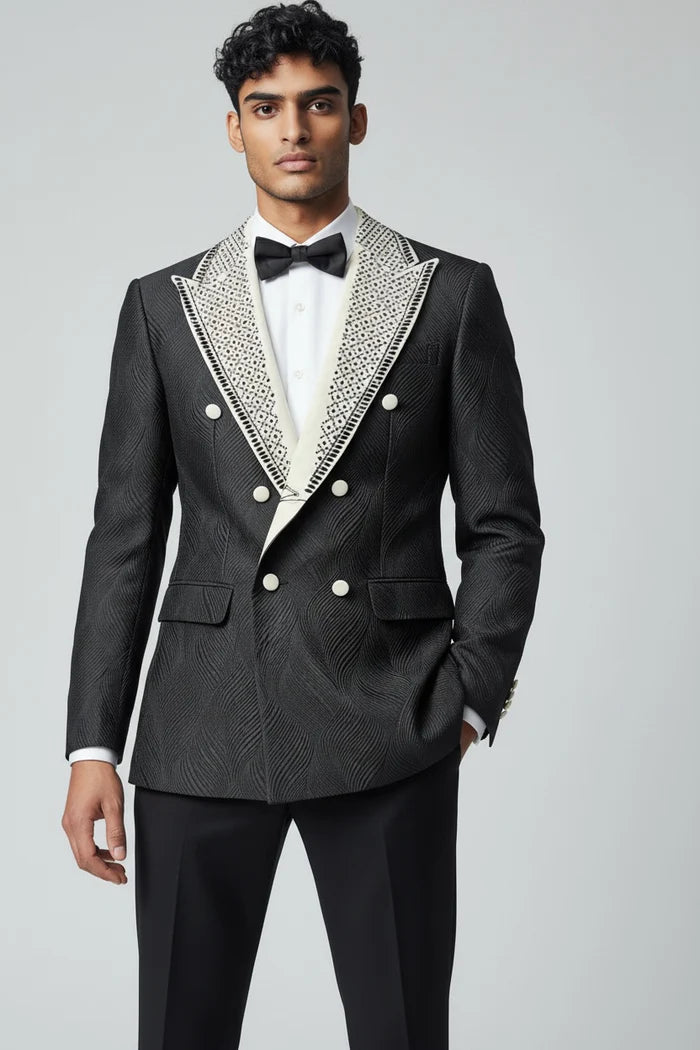 Men’s Romeo Black & White Jacquard Tuxedo – Double Breasted Peak Lapel Formal Suit