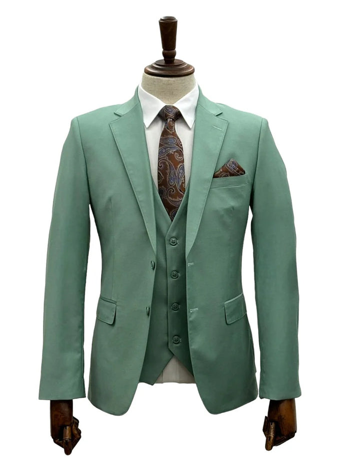 Mens Mint 3 Piece Suit – Modern Fit 2 Button Notch Lapel with Pick Stitching & Flex Waist Pants