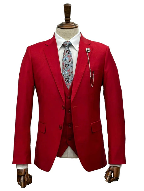Mens Giovanni Testi Red 3 Piece Suit Set – Notch Lapel Jacket, Matching Vest, Side Vents & Comfort Waist Pants