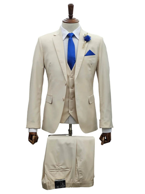Mens Giovanni Testi Sand 3 Piece Suit – Formal 2 Button Blazer, Vest & Comfort Flex Waist Trousers