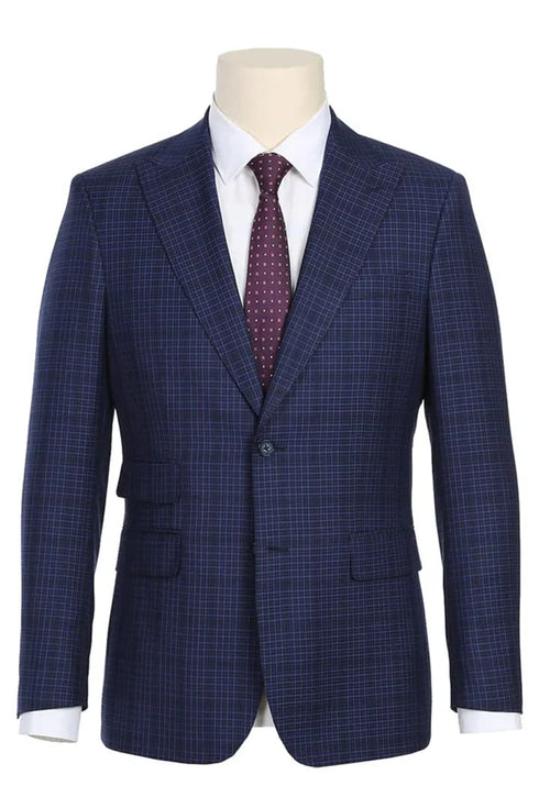 Mens Plaid Suit - Patterned Business Suit - Mens Designer Two Button Slim Fit Peak Lapel Suit In Navy Blue Overcheck Plaid