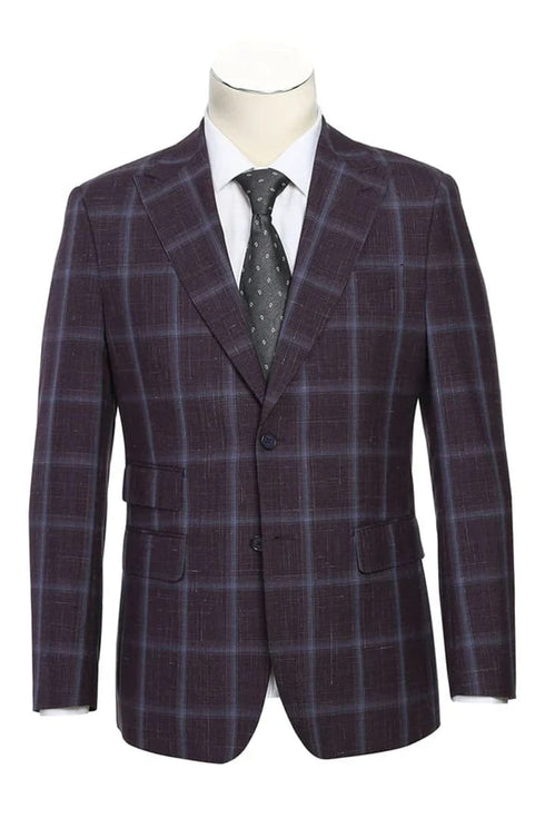 Mens Plaid Suit - Patterned Business Suit - Mens Designer Two Button Slim Fit Peak Lapel Wool Suit In Dark Purple Eggplant Windowpane Plaid Check