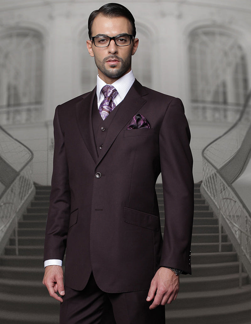 Eggplant modern fit men's suit with a 2-button front and vest. Structured shoulders, notch lapel, and flat-front trousers create a tailored, contemporary silhouette.