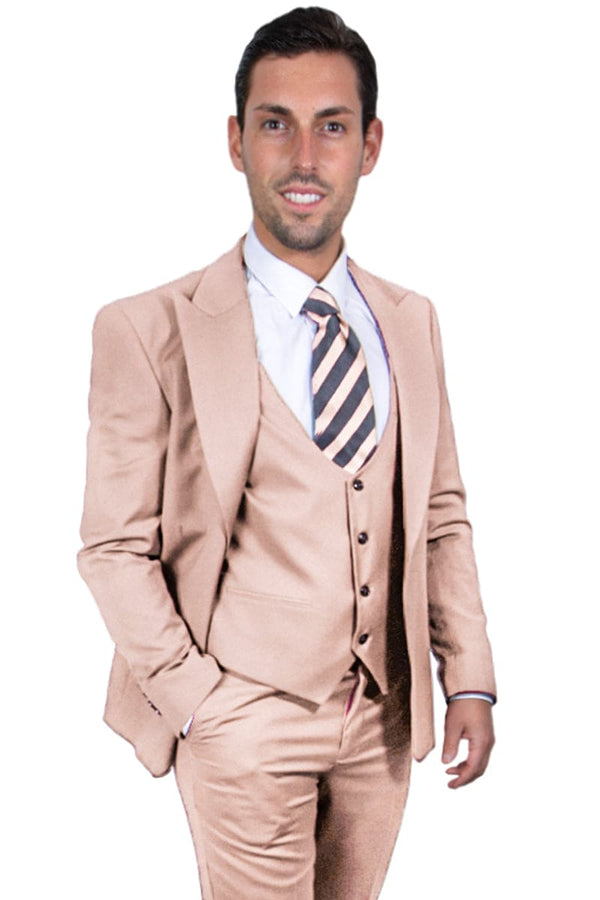 Mens Stacy Adams Suit - Stacy Adams Suit Men's Beige Suit with Vested One Button Peak Lapel