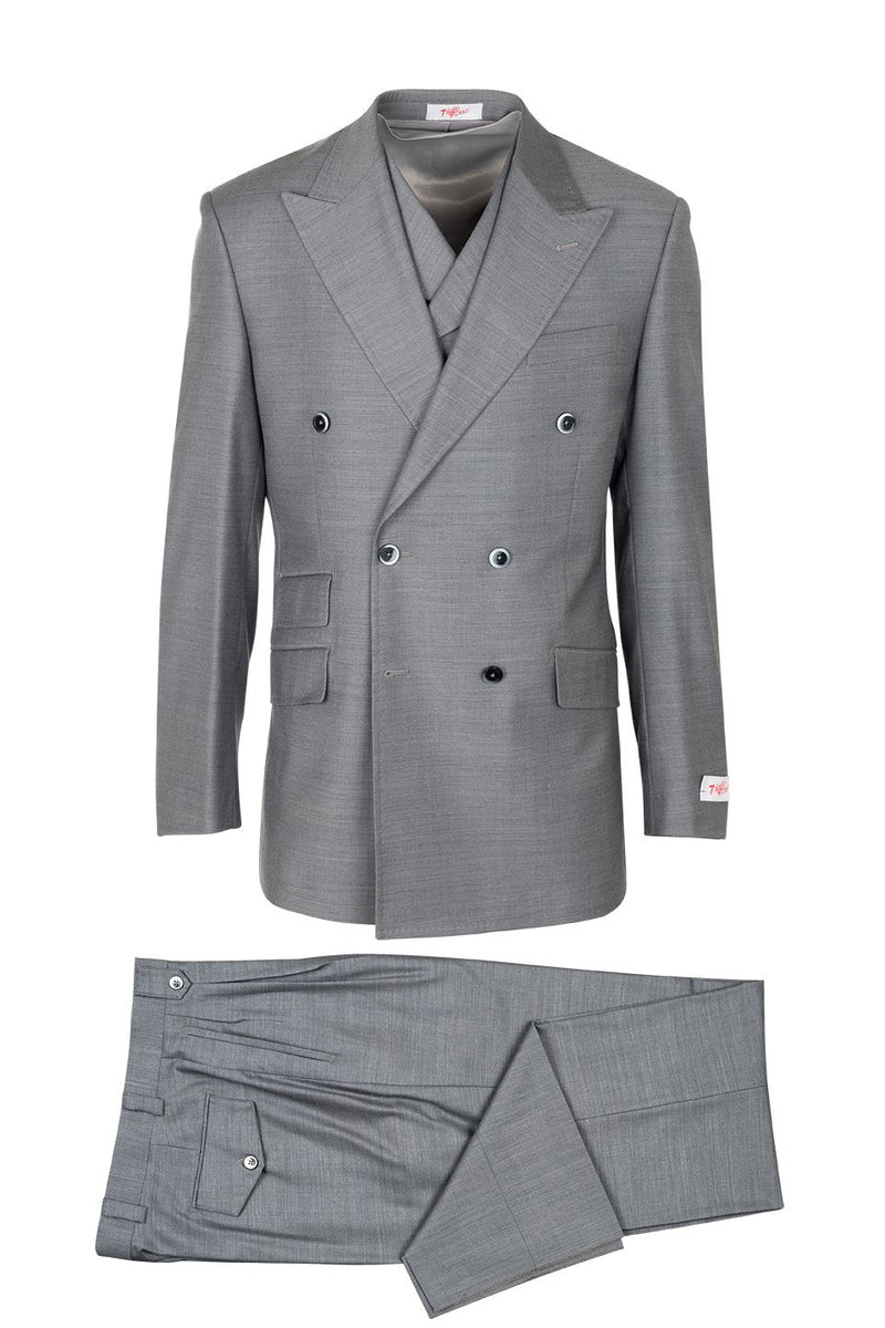 Tiglio Italian suit: Double-breasted gray jacket (structured, wide lapels) with two pockets & buttons. Matching flat-front trousers, subtle texture, side pocket, belt loops.
