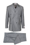 Tiglio Italian suit: Double-breasted gray jacket (structured, wide lapels) with two pockets & buttons. Matching flat-front trousers, subtle texture, side pocket, belt loops.
