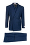 Tiglio Italian suit: Double-breasted dark navy blazer with 2 rows of buttons & 4 front pockets. Matching tailored trousers. Smooth, subtly sheen material.