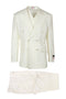 Cream double-breasted Tiglio Italian suit. Features peaked lapel blazer with buttoned sleeves and two front pockets. Flat-front trousers with a single back pocket complete the look.
