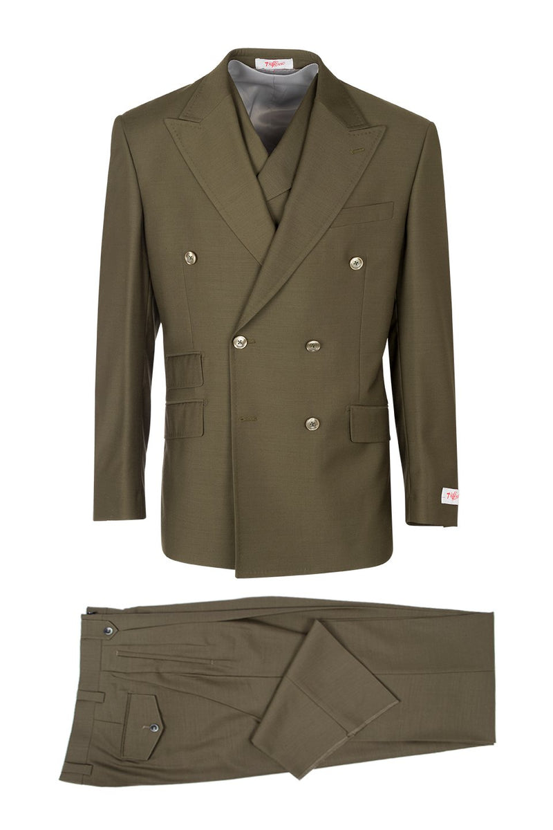 Tiglio Italian suit: double-breasted jacket, peaked lapel, deep olive green. Sleek fabric. Tailored trousers match, flat front, two back pockets. Clean lines, cohesive design.
