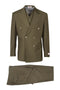 Tiglio Italian suit: double-breasted jacket, peaked lapel, deep olive green. Sleek fabric. Tailored trousers match, flat front, two back pockets. Clean lines, cohesive design.
