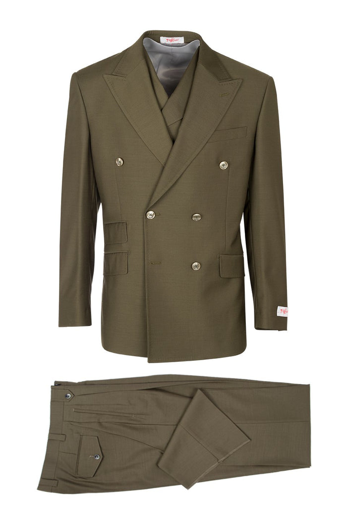 Tiglio Italian suit: double-breasted jacket, peaked lapel, deep olive green. Sleek fabric. Tailored trousers match, flat front, two back pockets. Clean lines, cohesive design.
