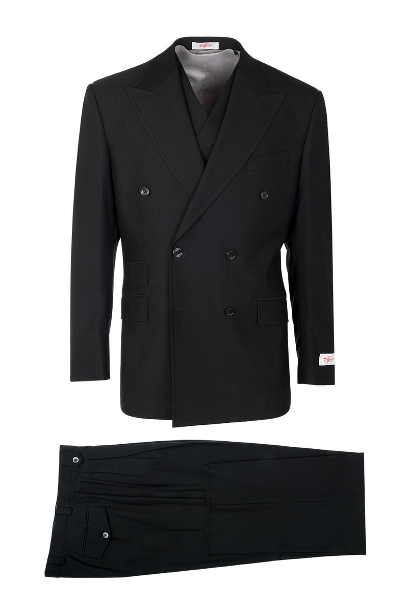 Black Tiglio double-breasted suit: jacket with peaked lapels, two pockets, and vest. Matching black trousers. Smooth fabric, tailored fit, and formal design.
