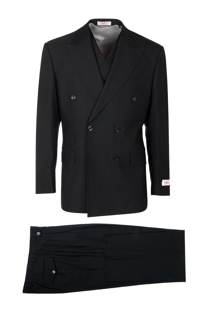 Black Tiglio double-breasted suit: jacket with peaked lapels, two pockets, and vest. Matching black trousers. Smooth fabric, tailored fit, and formal design.
