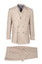 Italian Tiglio suit: double-breasted, light beige jacket with peak lapels & 2 rows of buttons. Smooth fabric, 2 front pockets. Matching flat-front trousers, single back pocket.