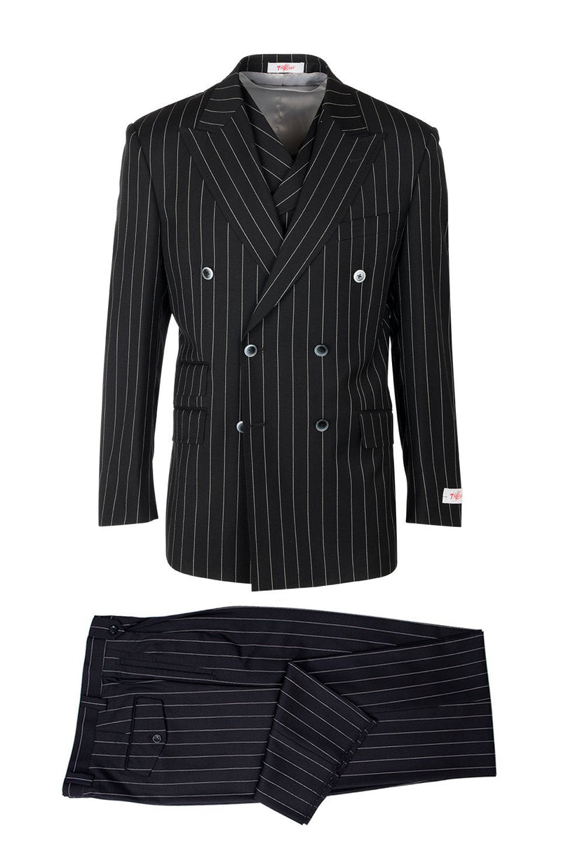 Tiglio Italian suit: Black fabric with white pinstripes. Double-breasted blazer (structured, broad lapels, 6 buttons, 2 pockets) and straight-leg trousers (single back pocket). Coordinated pinstripe pattern.