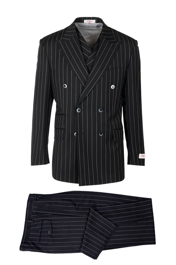 Tiglio Italian suit: Black fabric with white pinstripes. Double-breasted blazer (structured, broad lapels, 6 buttons, 2 pockets) and straight-leg trousers (single back pocket). Coordinated pinstripe pattern.