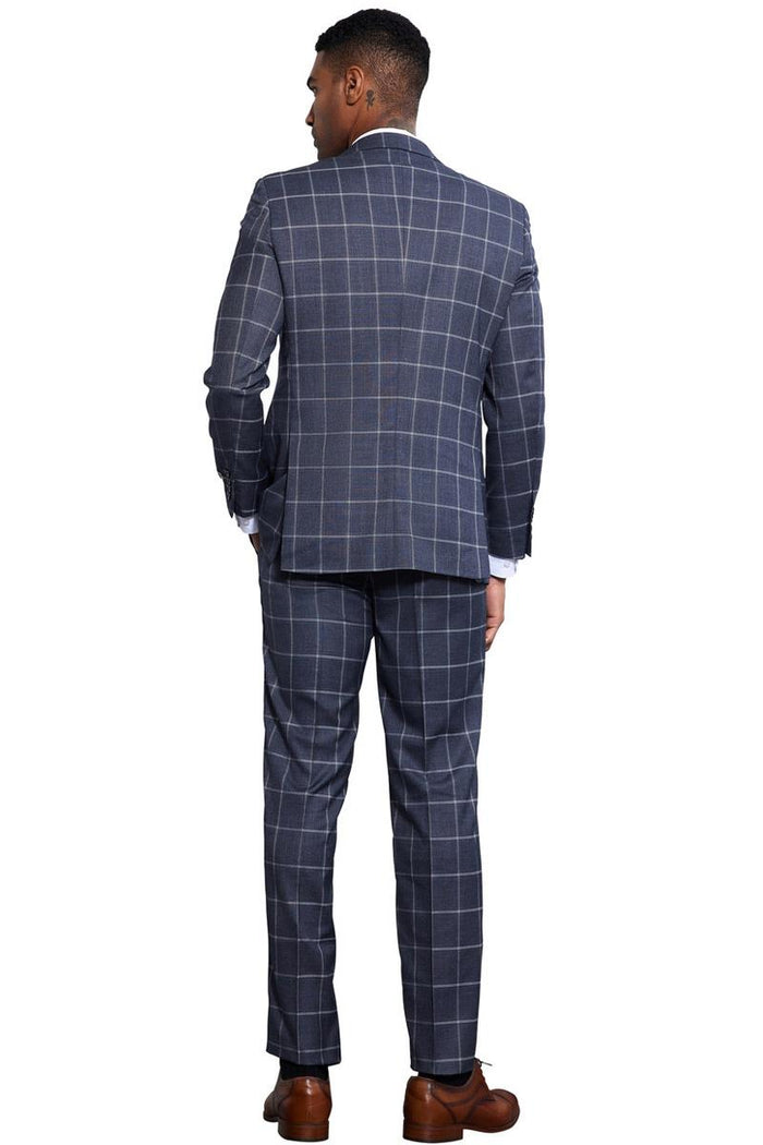 Men's Stacy Adams charcoal grey windowpane suit. Classic one-button closure, fitted jacket, tailored trousers. Smooth wool blend fabric. Grid pattern in contrasting shades of grey.
