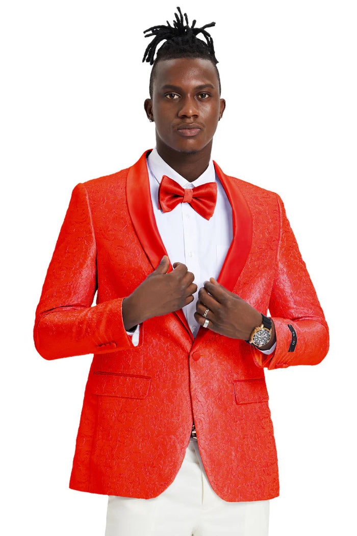 Red men's slim fit tuxedo jacket with tonal paisley texture. Slim silhouette, satin shawl collar, button closure, and two front pockets.
