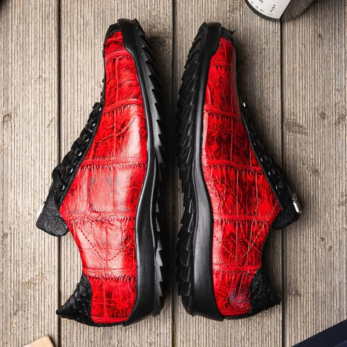 Marco Di Milano Saulo Men's Shoes Black & Red Exotic Ostich / Alligator Casual Sneakers