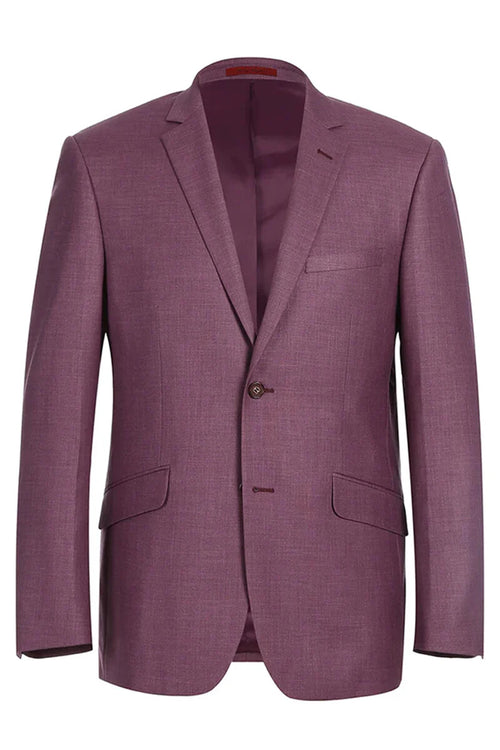 The men's two-button slim fit two-piece suit by Alberto Nardoni features a tailored jacket with a notched lapel in a rich purple color. The jacket has two front pockets and a single-button closure, showcasing a smooth fabric texture. The interior is lined, complementing the exterior shade.