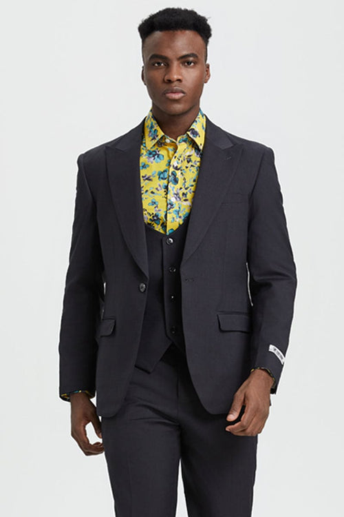 Mens Stacy Adams Suit - Stacy Adams Suit Men's Designer Suit - Charcoal, One Button Peak Lapel with Vest