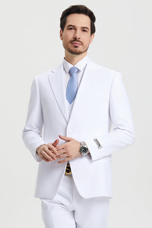 Men's Stacy Adams two-button vested suit in white. Tailored jacket with notched lapels and smooth fabric. Includes matching vest and pants.
