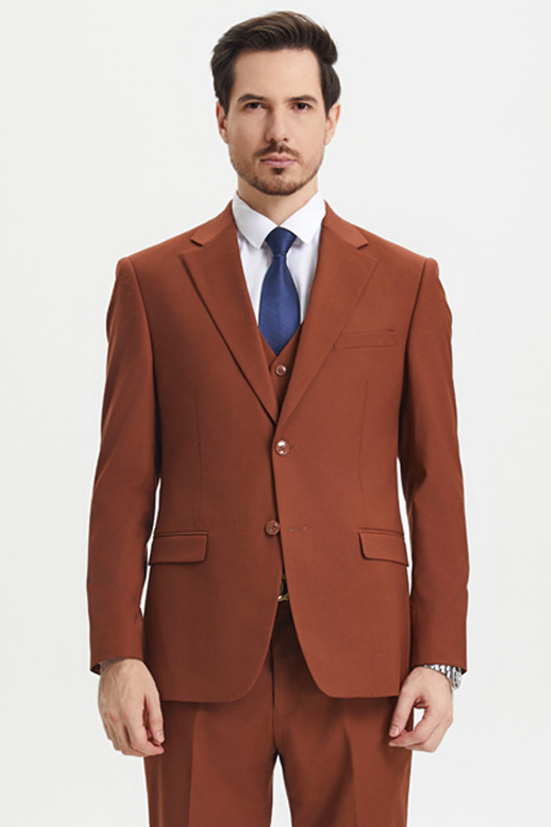 Men's Two Button Vested Stacy Adams Basic Designer Suit in Brown Rust