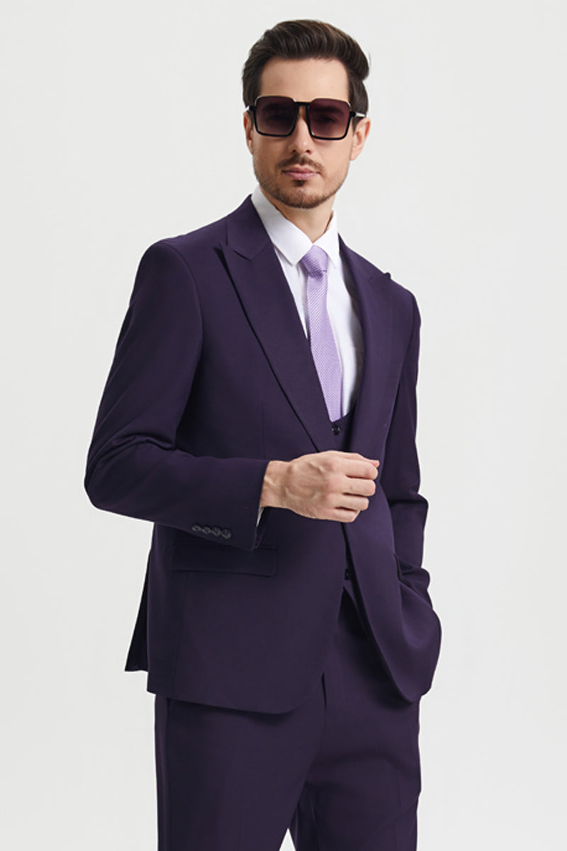 Men's Vested One Button Peak Lapel Stacy Adams Designer Suit in Eggplant
