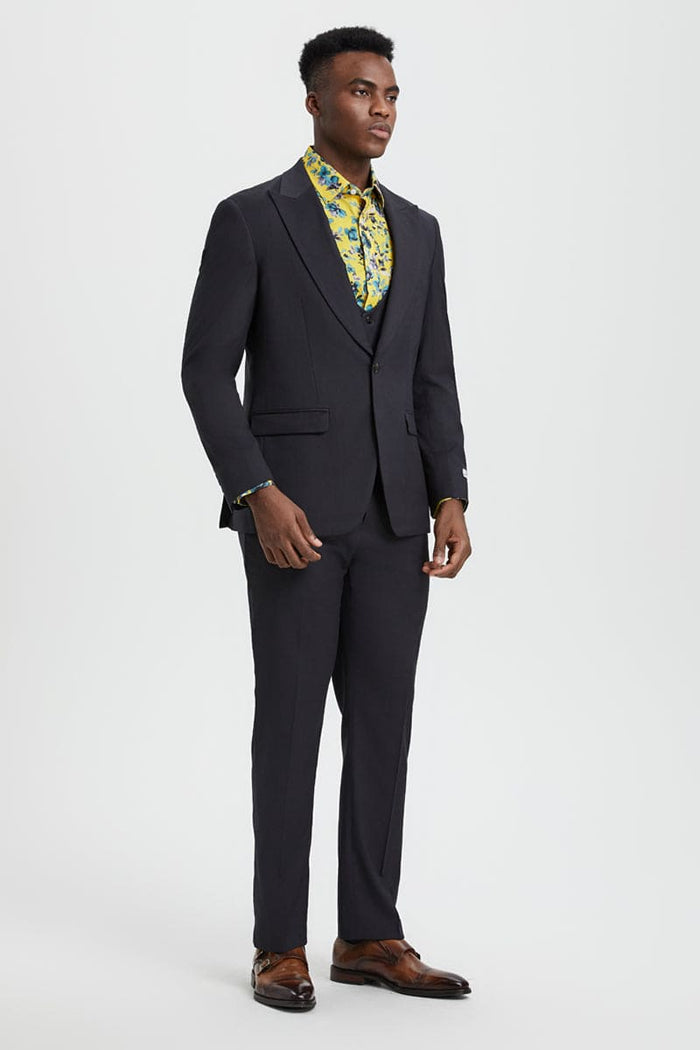 Mens Stacy Adams Suit - Stacy Adams Suit Men's Designer Suit - Charcoal, One Button Peak Lapel with Vest