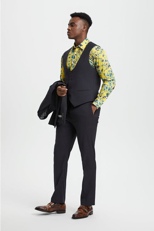 Mens Stacy Adams Suit - Stacy Adams Suit Men's Designer Suit - Charcoal, One Button Peak Lapel with Vest