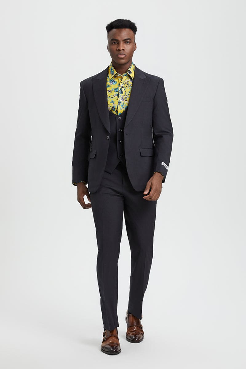 Mens Stacy Adams Suit - Stacy Adams Suit Men's Designer Suit - Charcoal, One Button Peak Lapel with Vest
