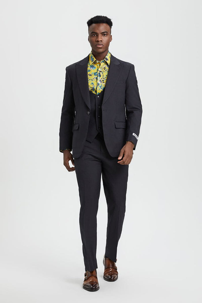 Mens Stacy Adams Suit - Stacy Adams Suit Men's Designer Suit - Charcoal, One Button Peak Lapel with Vest