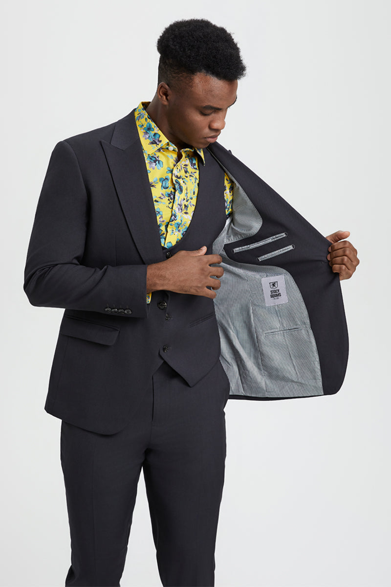 Men's Vested One Button Peak Lapel Stacy Adams Designer Suit in Charcoal