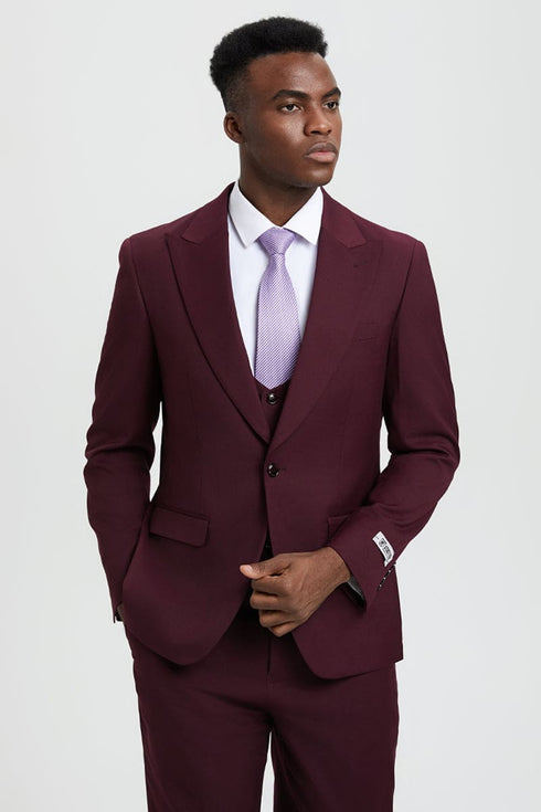 Mens Stacy Adams Suit - Stacy Adams Suit Men's Designer Suit - Burgundy, Vested One Button Peak Lapel